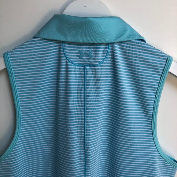 Under Armour Heat Gear Slvless Fitted Stripped Golf Top Turquoise Blue+Wht Sz S - Picture 8 of 10